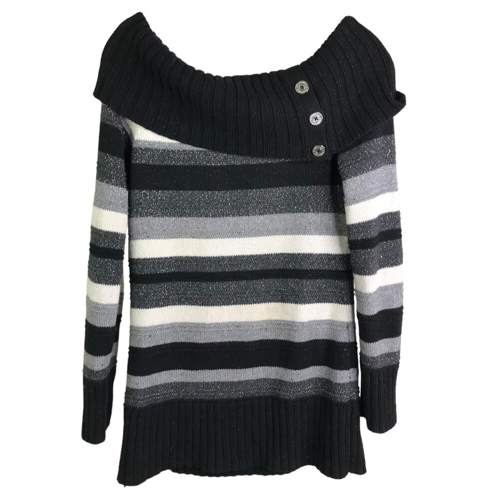 White House Black Market Striped Portrait Collar Metallic Knit Sweater Black L‎